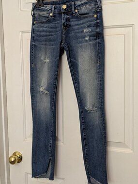 TRUE RELIGION Halle Jeans Super Skinny Ankle Raw Hem Blue Denim Size 25 .